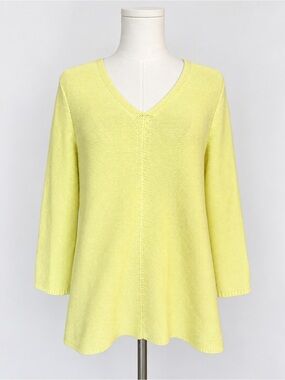 J. Jill Yellow V-Neck Knit Sweater Small Cotton Blend 3/4 Sleeve Tunic Top